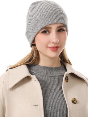 ⚡Women Grey 100% Pure Mongolian Cashmere Knit Hat Ultra Soft‎ Winter Beanie
